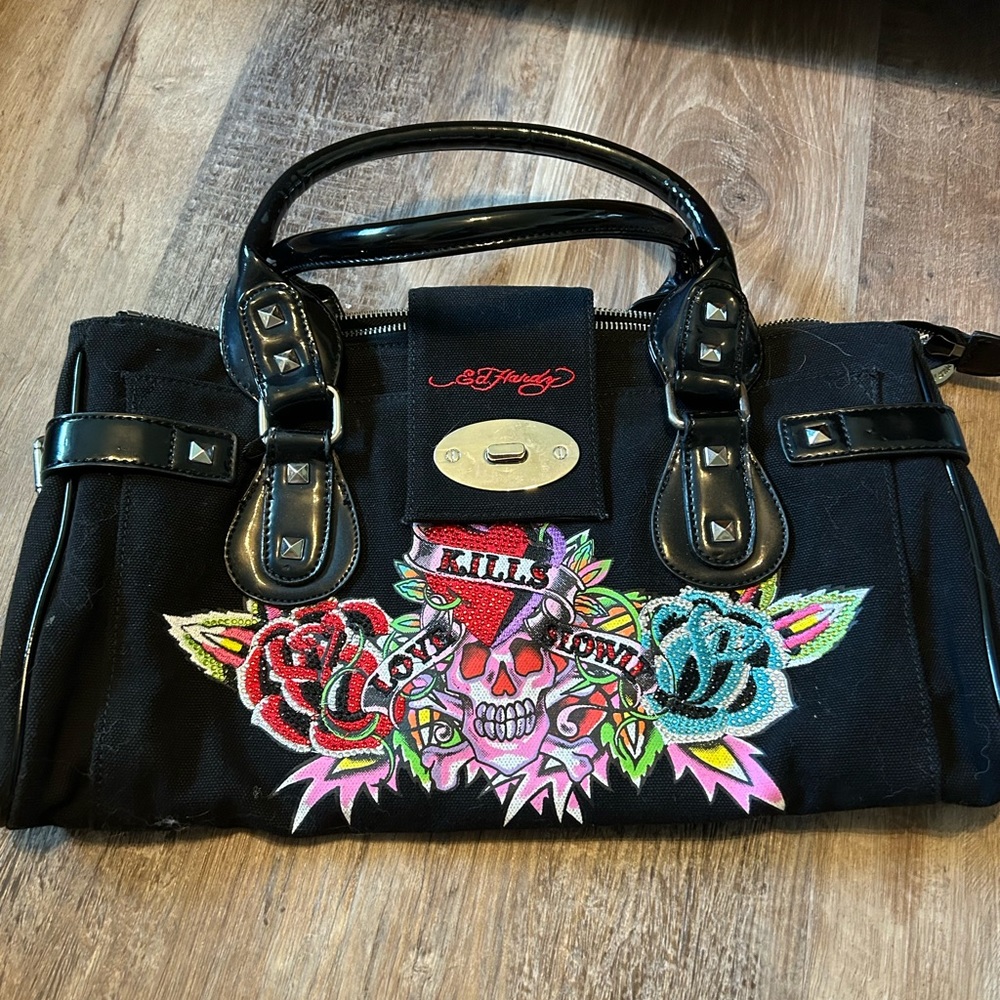 Ed Hardy large skull and rose purse